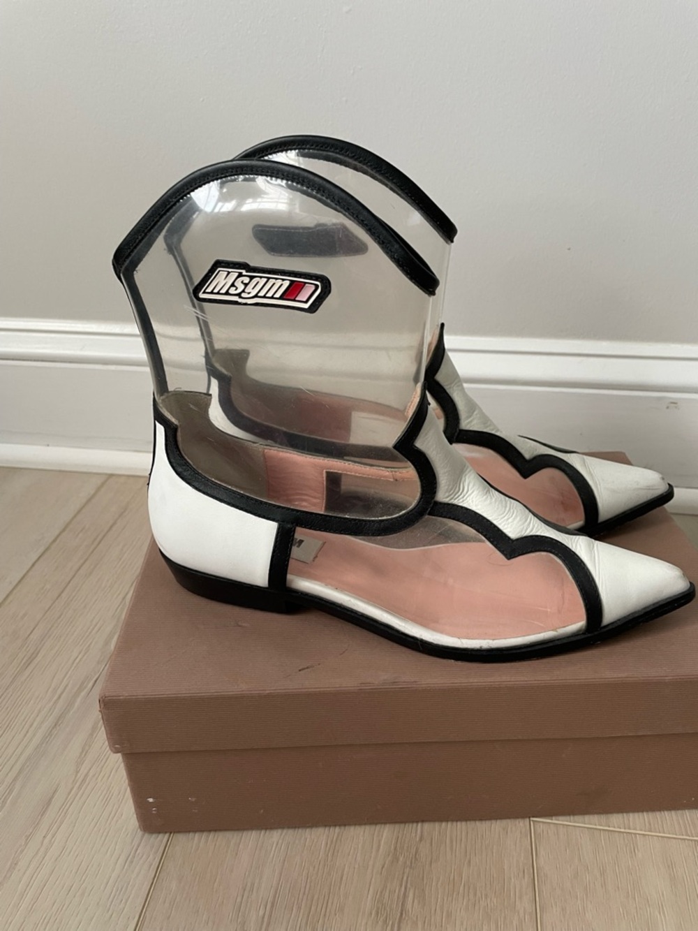 MSGM White Leather and Black-Trim PVC Ankle boots
